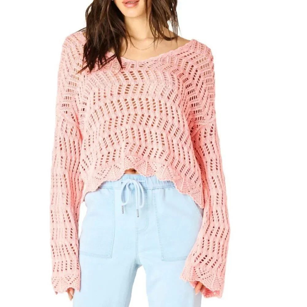 American Eagle Open Knit Pink V-neck Sweater L